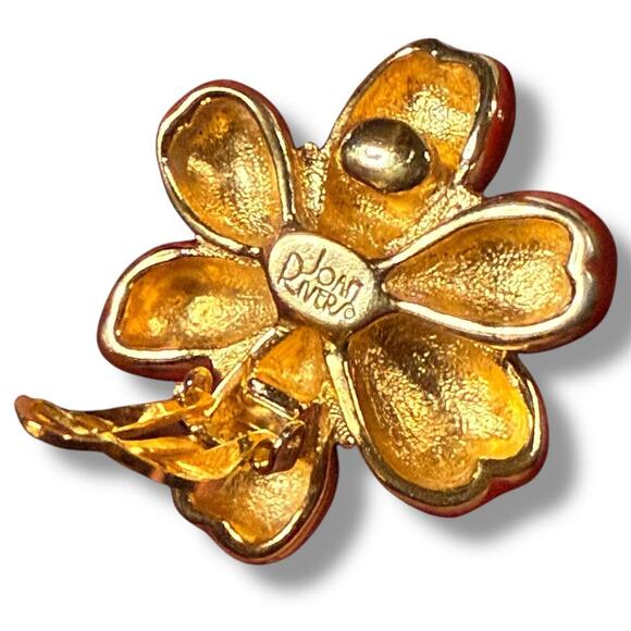 Vintage Joan Rivers Flower Earrings Womens Red Enamel & Rhinestone Clip On - Picture 5 of 6